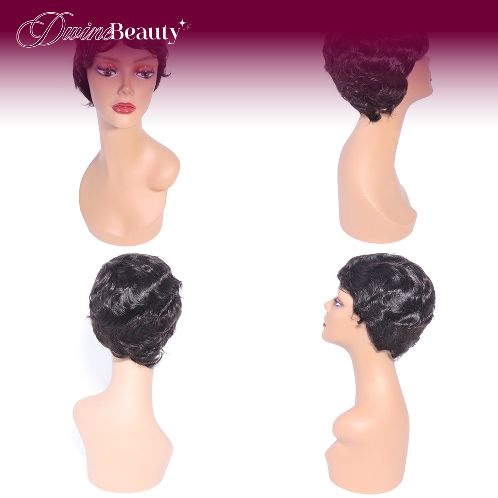 Short Machine Made Wig None Lace Human Hair Wavy Wigs 130% Density Wear To Go