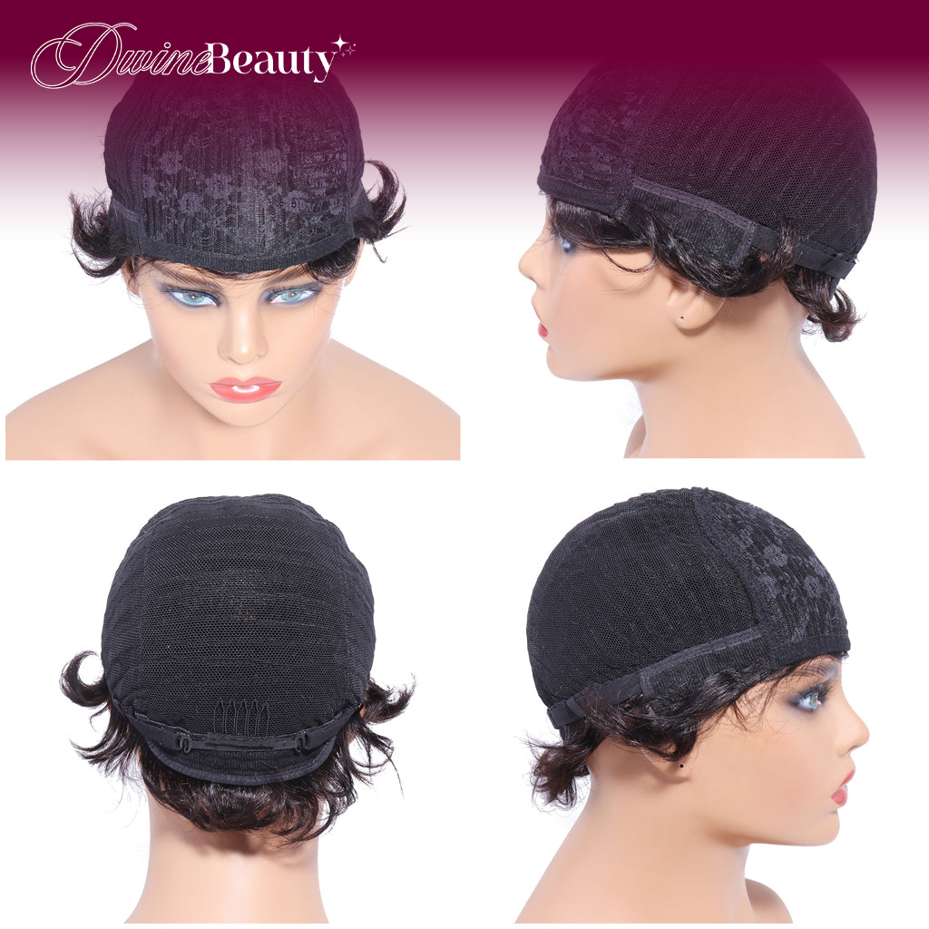 Short Machine Made Wig None Lace Human Hair Wavy Wigs 130% Density Wear To Go
